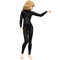 One teenage girl in a black super suit. Shows finger of the right hand to the right