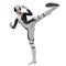 One teenage girl in a white dark super suit. Stands in a fighting position and raising the left leg. To face the camera