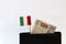 One thousand Lire of Italy banknote and mini Italia nation flag stick on the black wallet with white background