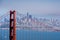 One of the towers of Golden Gate Bridge; the San Francisco skyline visible in the background