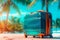 One travel suitcase ready for journey. Tropical beach with sunny sea and palm leafs in background. Generative AI