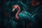 one tropical flamingo surrounded by exotic leavesn, color palette petrol and Bluegreen