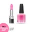 One tube lipstick and one bottle nail polish are saturated pink color isolated on a white background
