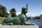 One of the two green sphinxes cast in 1826 at the pier on the Malaya Nevka River, close-up. St. Petersburg,