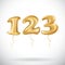 One two three golden numbers made of inflatable balloons on white background. 123 helium balloons vector