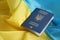 One Ukrainian biometrical passport on folded waving flag of Ukraine country