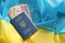 One Ukrainian biometrical passport and UAH hryvnia bills on folded waving flag of Ukraine