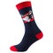 One voluminous sock in blue and red, with a drawing of a fabulous elk in a santa claus hat, on a white background