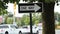 one way white and black horizontal rectangle arrow sign on metal post under tree