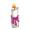 one white burning wax candle, made of paraffin with purple bow. flame of Christmas candle with bow