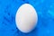 One white chicken egg on a blue abstract background backdrop. Cover concept. Close-up.