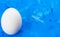 One white chicken egg on a blue abstract background backdrop. Cover concept. Copy space.