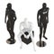 One white faceless mannequin guy sits on a black box and two black mannequin guys stand on each side. View from above. 3D