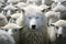 One white wolf among a flock of white sheeps. Wolf pretending to be a sheep concept. Generative AI