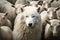 One white wolf among a flock of white sheeps. Wolf pretending to be a sheep concept. Generative AI