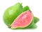 One whole green guava and a half with pink flesh isolated on white