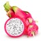 One whole pitahaya and slice of white-fleshed pitahaya fruit isolated on white background