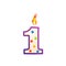 One year anniversary, 1 number shaped birthday candle with fire on white