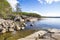 Onega Lake shore landscape. Karelia. Transparent water