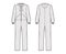 Onesie overall jumpsuit sleepwear technical fashion illustration with full length, hood, zipper closure, kangaroo pouch