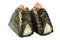 Onigiri triangle sushi balls with rice wrapped nori seaweed, caviar and salmon isolated on white background, Asian food, Japanese