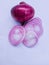 Onion bulb and pieces raw fresh organic redonion pieces or common onion shallot or allium cepa closeup view stock image photo