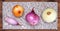 Onion collection, white, yellow, pink and purple onlons