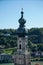 Onion dome with onion helmet or onion dome photographed on a church tower as an architectural roof construction in Bavaria