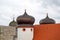 Onion dome with onion helmet or onion dome photographed on a church tower as an architectural roof construction in Bavaria