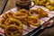 Onion rings, hot dip, french fries and Czech beer