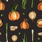 Onion seamless pattern. Hand drawn vector illustration.Detailed retro style sketch.Kitchen background of herbal spice