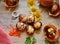 Onion skin dyed eggs in a basket.