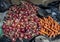 Onions and carrots for sale in the Medina Souk in Meknes, Morocco.