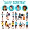 Online Assistant Woman Set Vector. Online Global Tech Support 24 7. Advises Client. Headphone, Headset. Talking. Office