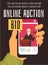 Online auction poster with hand holding smartphone, flat vector illustration.