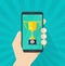 Online award goal achievement vector, mobile phone and success winner holding golden cup prize, first place victory