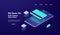 Online banking, payment mobile phone, isometric icon, credit card, money transfer concept, dark neon