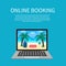 Online booking. Internet travel agency. Modern technology. Independent tourism. Laptop vrctor illustration. Design template for