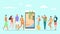 Online booking servoce for summer vacation, vector illustration. People tourist standing in line near large smartphone