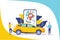 Online car sharing vector illustration concept, mobile city transportation with cartoon character and use smartphone