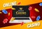 Online casino banner with laptop coins and falling chips. Roulette luck money game. Online poker casino