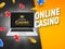 Online casino banner with laptop coins and falling chips. Roulette luck money game. Online poker casino