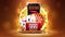 Online casino, banner with smartphone, casino slot machine, Casino Roulette, playing cards, poker chips on gold podium.