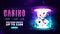 Online casino, banner for website with button and playing cards with poker chips inside pink and blue hologram of digital rings.