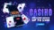 Online casino, banner for website with button, smartphone, poker chips and playing cards in blue scene