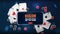 Online casino, blue banner with smartphone with offer, playing cards and poker chips, top view