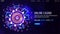 Online casino, blue dark banner with welcome bonus, button and pink shine neon Casino Roulette wheel with playing cards