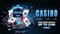 Online casino, blue invitation banner with button, smartphone, casino slot machine, Casino Roulette, cards and poker chips.