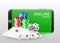 Online casino concept, playing cards, dice chips and smartphone with copyspace. Banner template layout mockup for online casinos