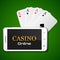 Online casino concept, smartphone and four aces